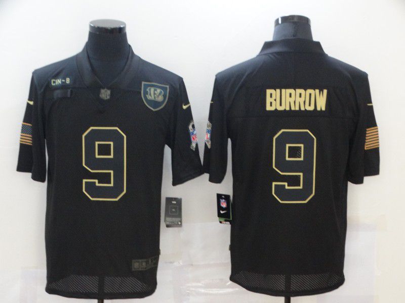 Men Cincinnati Bengals 9 Burrow Black gold lettering 2020 Nike NFL Jersey